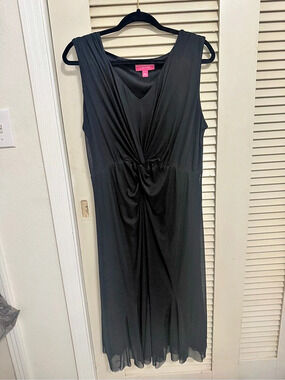 Isaac Mizrahi Live! Always Isaac Twist Front Mesh Midi Dress Black Large petite.